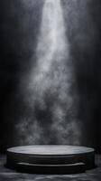Stage illuminated by dramatic lighting with fog effect creates a captivating atmosphere for performances photo