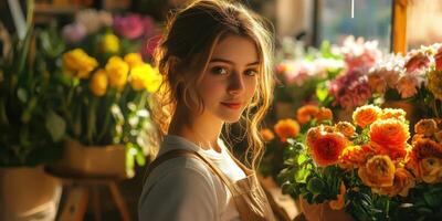 Young woman arranging colorful flowers in a bright flower shop filled with blooms during the golden hour photo