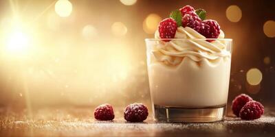 Delicious dessert served in a glass with fresh raspberries and creamy texture illuminated by warm light photo