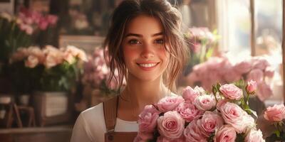 Smiling woman holding a bouquet of pink roses in a cozy flower shop during daylight hours photo
