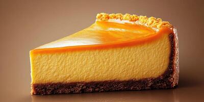 Creamy cheesecake slice with rich caramel topping and crumbly crust on a brown background photo