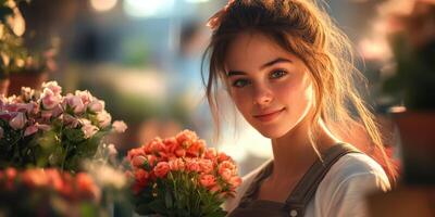 Young woman smiling while holding a bouquet of flowers in a vibrant market during late afternoon photo
