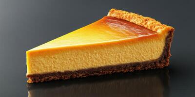 Delicious slice of creamy cheesecake with a golden brown crust on a dark background photo