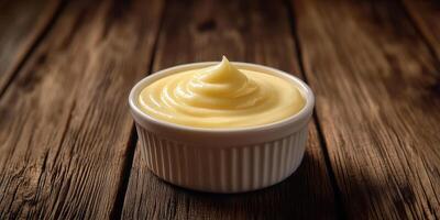 Creamy yellow sauce served in a white dish on a rustic wooden surface, showcasing rich texture and flavor photo