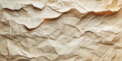 Crumpled brown paper texture showcases natural folds and creases in a rustic setting, perfect for artistic and design projects photo