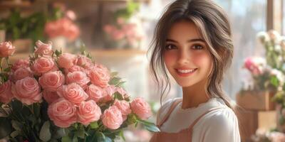 Young woman smiles while holding a bouquet of pink roses in a flower shop during daytime photo