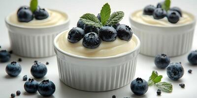 Creamy dessert bowls topped with fresh blueberries and mint leaves prepared in a kitchen setting photo