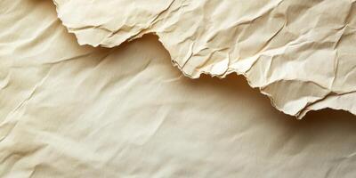 Crumpled beige paper texture with uneven edges on a neutral background for artistic expression photo