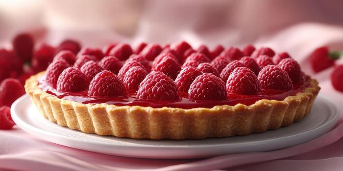 Fresh raspberry tart displayed on a white plate with soft pink fabric in the background photo