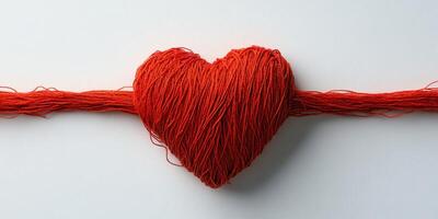 Red yarn heart symbolizing love and connection on a white surface photo