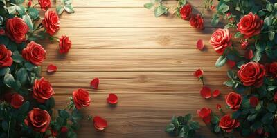 Bright red roses with green leaves create a vibrant border on a wooden surface in a warm light setting photo