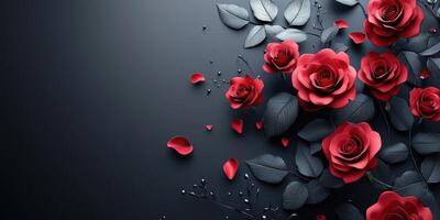 Elegant red roses on a dark background with hints of black foliage and scattered petals photo