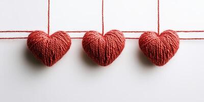 Handmade yarn hearts hanging on strings creating a cozy decoration in a bright space photo