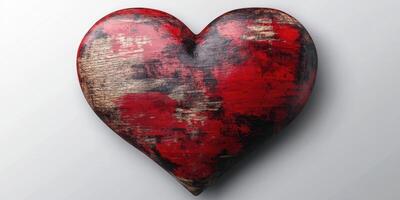 Wooden heart sculpture with vibrant red finish sitting on a neutral background photo