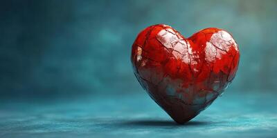 Red cracked heart symbolizing love on a textured blue background, evoking emotions and artistic expression in a creative setting photo