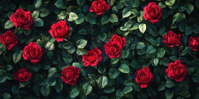 Vibrant red roses create a stunning floral display in a lush green garden setting during summer photo