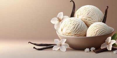 Delicate bowl of vanilla ice cream with flowers and vanilla pods showcases a serene dessert arrangement photo