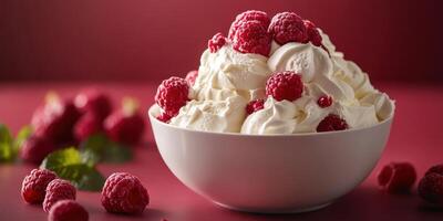 Creamy whipped dessert topped with fresh raspberries in a white bowl photo