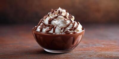 Dessert bowl filled with chocolate mousse topped with whipped cream and chocolate drizzle photo