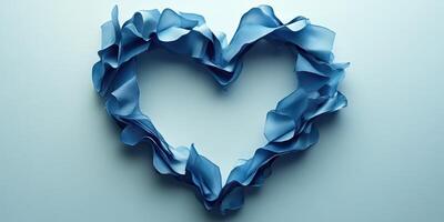Ruffled blue fabric forms a heart shape on soft background photo