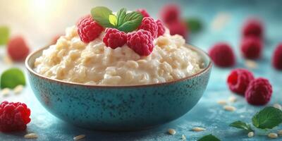 Delicious bowl of creamy yogurt topped with fresh raspberries and mint leaves on a blue textured background photo