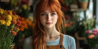 Young woman with red hair smiles in flower shop surrounded by colorful blooms and greenery during bright daylight photo