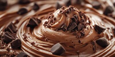 Decadent chocolate frosting topped with chocolate shavings and chunks for dessert decoration photo