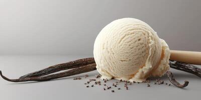 Creamy vanilla ice cream scoop with vanilla beans and seeds on a light background photo
