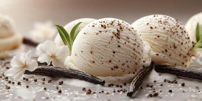 Delicious vanilla ice cream served with flowers and spices on a neutral background photo