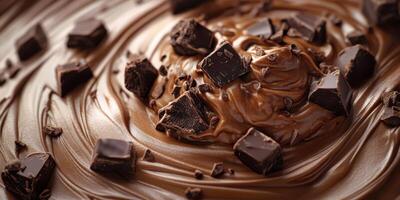 Rich chocolate mixture with chunks and shavings displayed on a smooth surface enticing dessert lovers everywhere photo