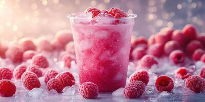 Refreshing raspberry drink with ice and fresh berries on a sunny day photo