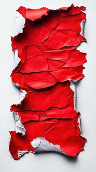 Textured layers of torn red paper create a striking abstract composition on a neutral background in bright lighting photo