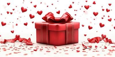 Red gift box surrounded by hearts and ribbons celebrates love on a special occasion photo