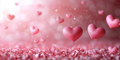 Colorful hearts floating above a bed of shimmering pink confetti creating a festive and romantic atmosphere photo