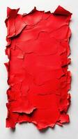 Vibrant red peeling paint reveals texture and layers in an artistic display of decay on a white surface photo