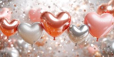 Colorful heart-shaped balloons floating against a sparkling backdrop during a festive celebration photo