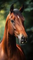Majestic brown horse standing gracefully in soft natural light surrounded by greenery photo