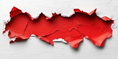 Red torn paper revealing a textured white background with visible cracks and an artistic display of colors and contrast photo