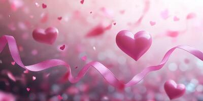 Decorative hearts and ribbons fill the air in a romantic celebration with soft pink tones photo