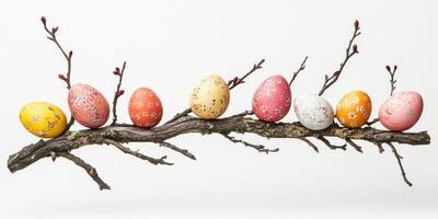 Colorful decorated eggs displayed on a branch with budding flowers for Easter celebrations photo