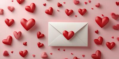 Quality envelope adorned with a heart shape, surrounded by red hearts on a pink background, perfect for a romantic message or greeting card photo