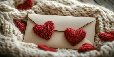Handmade envelope surrounded by knitted hearts on a cozy knitted blanket in a warm, inviting setting photo
