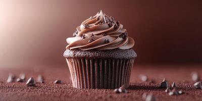 Delicious chocolate cupcake topped with creamy frosting and chocolate sprinkles on a textured background photo