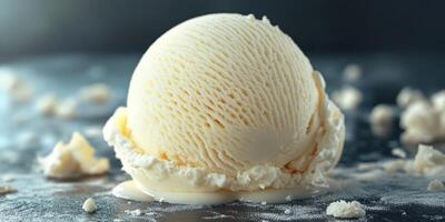 Melting vanilla ice cream scoop on a dark surface with scattered crumbs photo
