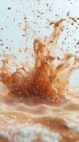 Liquid chocolate splashes dramatically against a light background creating captivating patterns during a creative food activity photo