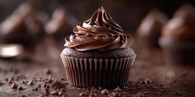 Delicious chocolate cupcake with creamy frosting and chocolate sprinkles displayed on a wooden surface photo