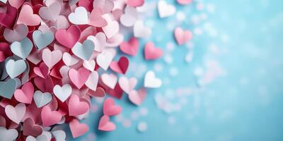 Colorful heart-shaped paper confetti scattered on a blue background for celebrations and events photo