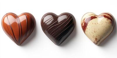 Heart-shaped gourmet chocolates showcasing different flavors and textures on a white background photo