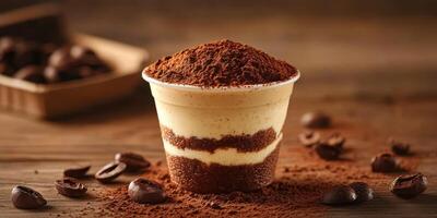 Delicious layered dessert in a cup surrounded by coffee beans and cocoa powder photo