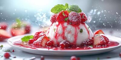 Delicious dessert featuring fresh strawberries and raspberries with creamy texture and vibrant berry sauce photo